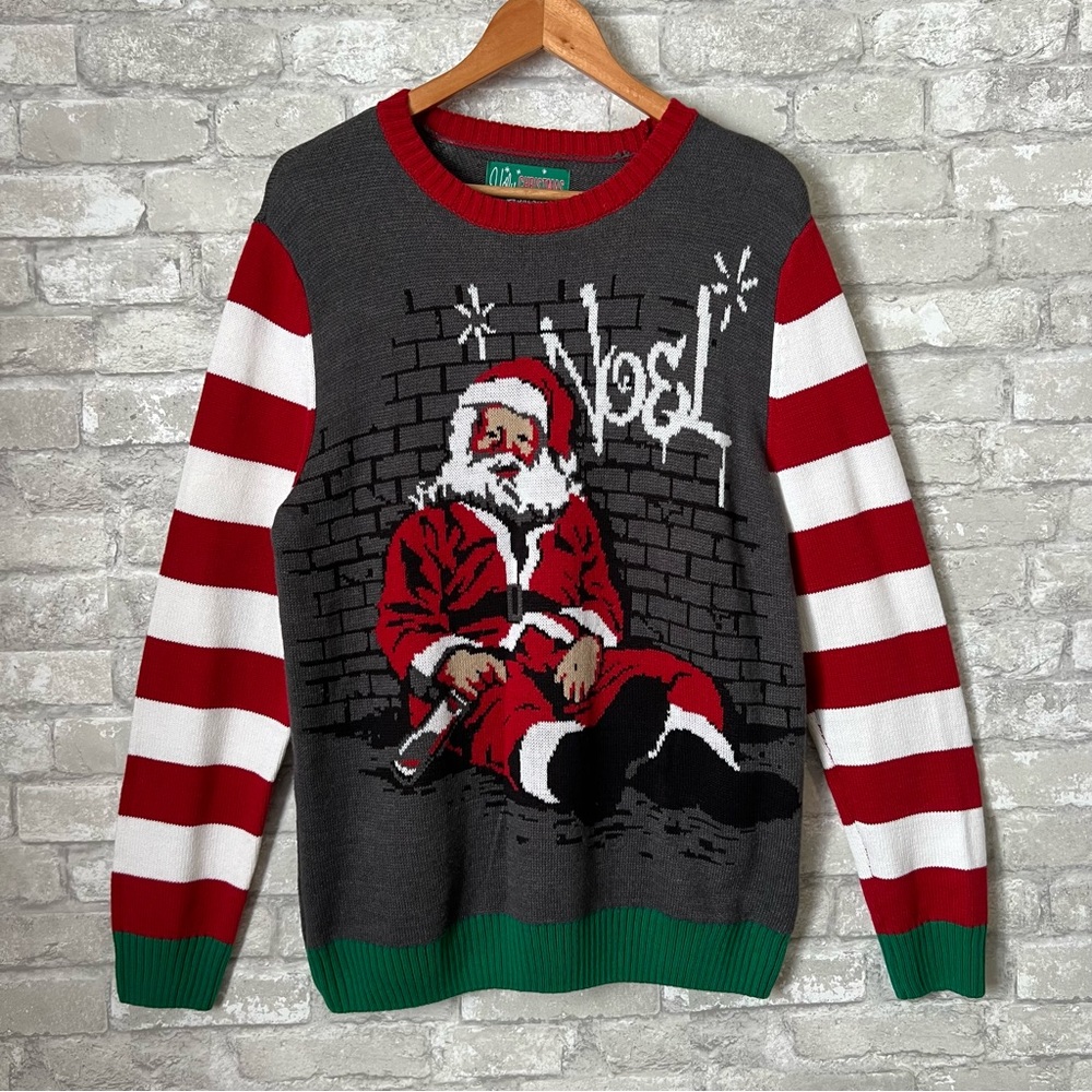Ugly Christmas Sweater Men's Medium. Featuring Drunk Santa Passed Out. Striped.